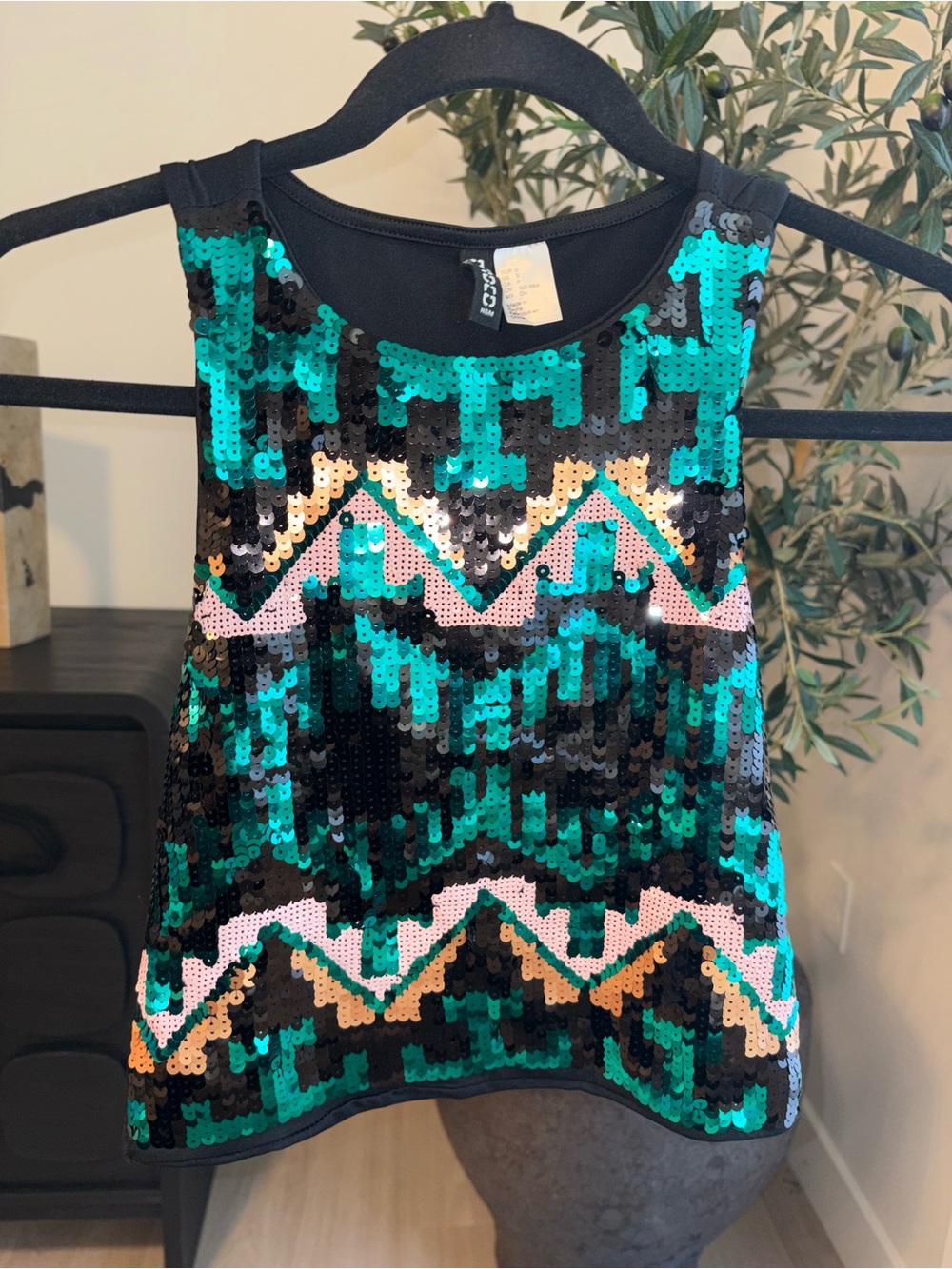 H&M Teal & Black Sequin Chevron Crop Camisole